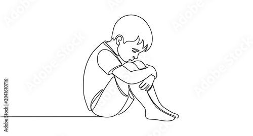 Minimalist Continuous One Line Drawing of Sad Child Emotional Human Portrait Vector Illustration