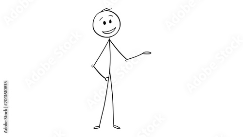 Stick figure character smiling and presenting with hand gesture isolated on transparent background
