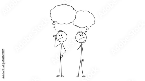 Quadro su tela Two stick figure characters thinking with empty thought bubbles isolated on tran
