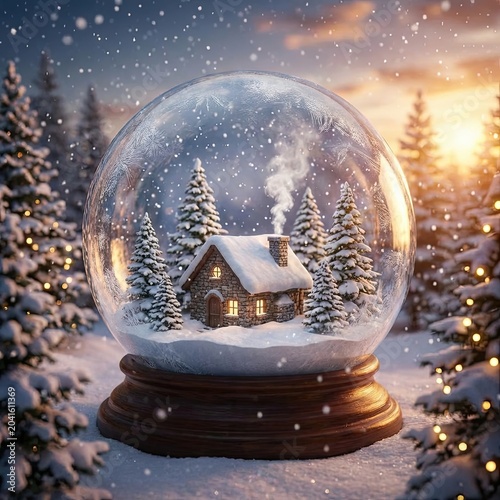Magical Christmas Snow Globe niche concept Magical Christmas Snow Globe with a Cozy Cottage in a Snowy Winter Wonderland Forest Scene at Sunset Idyllic Holiday Home Concept with Warm Glowing Lights