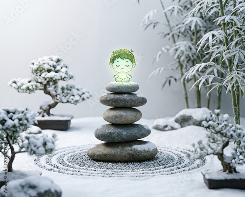 Winter Mindfulness Concept A niche concept Winter Mindfulness Concept A glowing nature spirit character finds balance and tranquility meditating on stacked Zen stones in a snowy Japanese garden