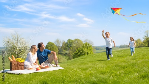 Outdoor family picnic with kites