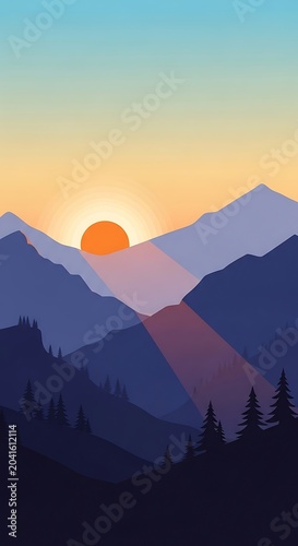 Minimalist Mountain Landscape at Sunset with Sunbeam Illustration
