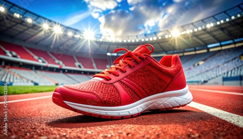 Vibrant Red Athletic Running Shoe on Stadium Track Under Bright Sunlight