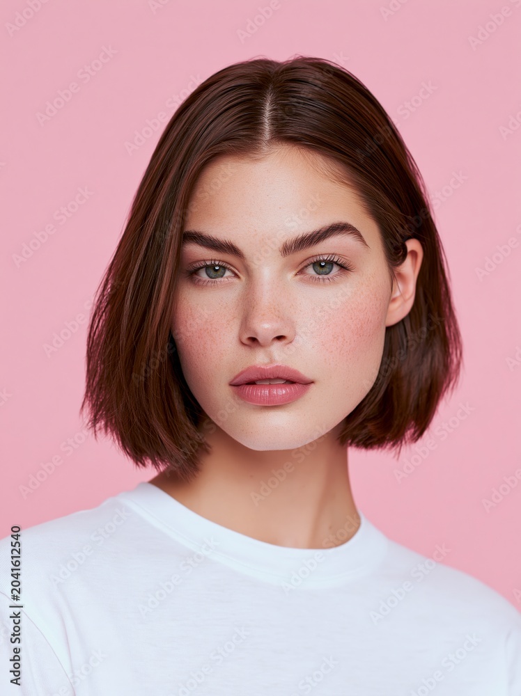 Fototapeta premium Studio portrait of young Caucasian woman with glossy hair wearing a white t-shirt against a pink background, showcasing clear skin and natural makeup