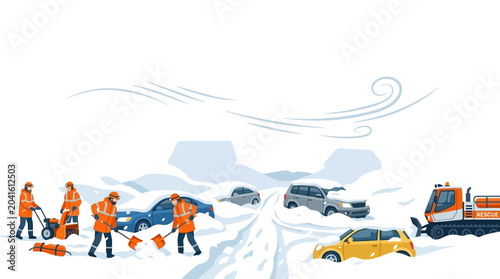 Bild auf Leinwand Snow removal crew cleaning buried cars after winter blizzard