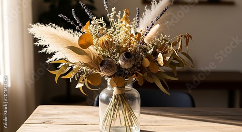 Rustic Dried Flower Bouquet Arranged in Glass Vase on Sunlit Wooden Table