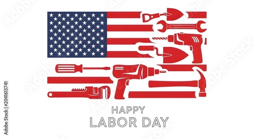 Labor day greeting card with american flag made of construction tools