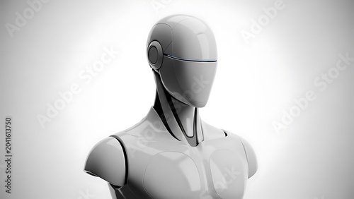 A clean, futuristic, metallic, humanoid robot torso against a bright white backdrop