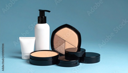 Cosmetic product flatlay with powders, bottles, and divided background