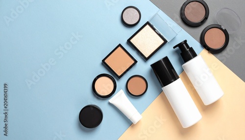 Cosmetic product flatlay with powders, bottles, and divided background