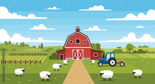 Bild auf Leinwand Vibrant cartoon farm with red barn, tractor, sheep, and fields under a blue sky