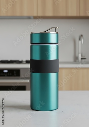 Teal Metallic Reusable Water Bottle on Modern Kitchen Countertop