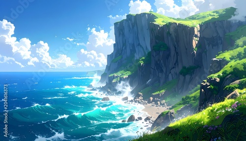 Anime style coastal landscape with steep grassy cliffs and crashing ocean waves
