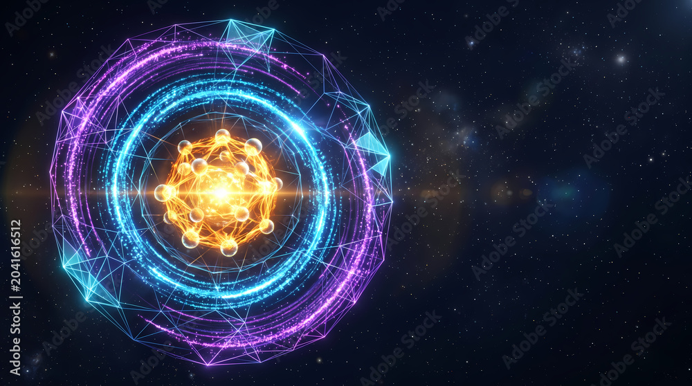Obraz premium Glowing abstract atomic nucleus and energy sphere in space