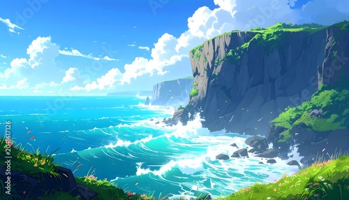 Anime style coastal landscape with steep grassy cliffs and crashing ocean waves