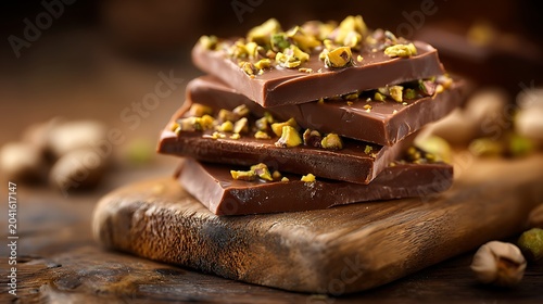 Artisanal Dark Chocolate Bars with Chopped Pistachios on Wooden Board