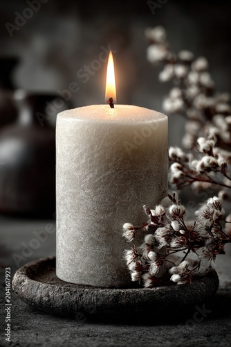 Single white candle burning softly in a minimalistic setting, symbol of hope and peace