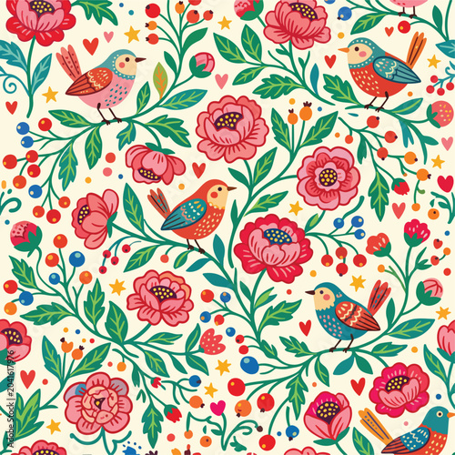 Vector Pattern Floral Birds with Colorful Leaves and Hearts in Modern Decorative Style