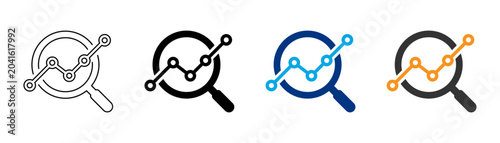 Analytics icon with magnifying glass and line chart, data analysis business reporting dashboard symbol vector illustration