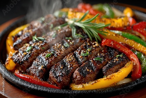 Sizzling beef fajita platter on hot cast iron skillet with grilled peppers and onions