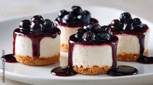 Mini Blueberry Cheesecakes on White Porcelain Plate