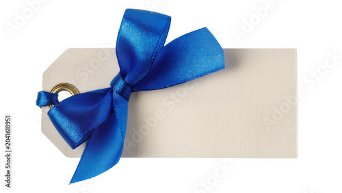 фотографія Blank beige gift tag with blue satin ribbon bow and grommet