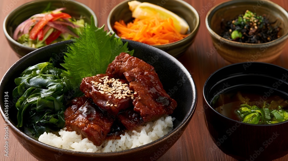 Fototapeta premium A beautifully composed arrangement of colorful Japanese style rice dishes and fresh vegetable garnishes on a wooden surface