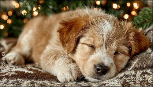 Sleeping puppy curled up near decorated Christmas tree, cozy living room setting