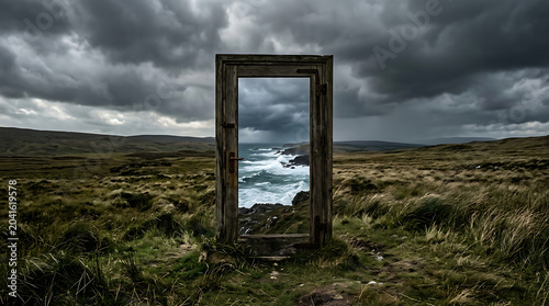 A mysterious wooden doorframe stands alone in a vast, stormy landscape with a glimpse of ocean waves.