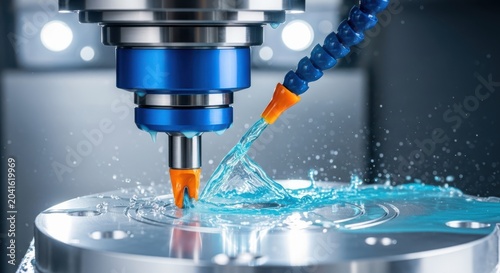 Closeup of a cnc milling machine cutting metal with coolant fluid spraying on the workpiece during industrial manufacturing