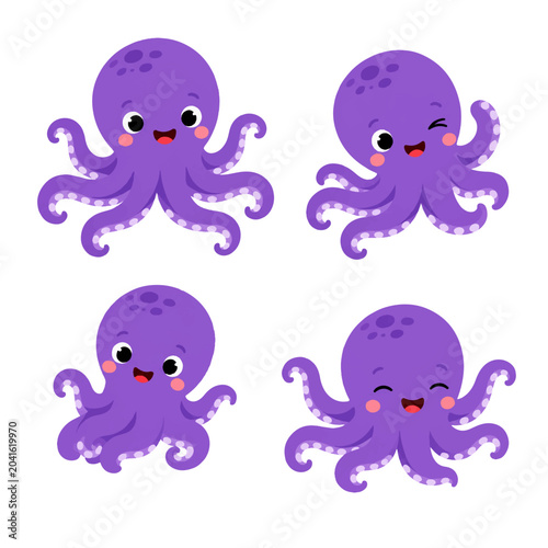 Adorable Purple Octopus Mascot Collection Featuring Playful Ocean Animal Characters in Different Cute Poses