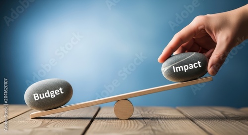 Conceptual of balancing budget and impact with stones on a seesaw