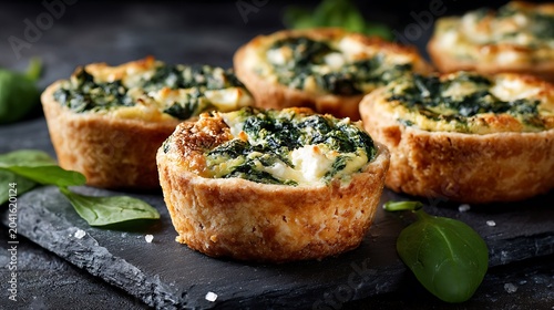 Mini Baked Egg Muffins with Greens and Cheese on Wooden Board