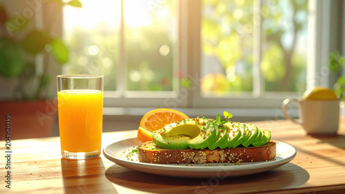 Delicious avocado toast with fresh orange rustic wooden table, accompanied by refreshing orange juice warm morning sunlight. Healthy breakfast