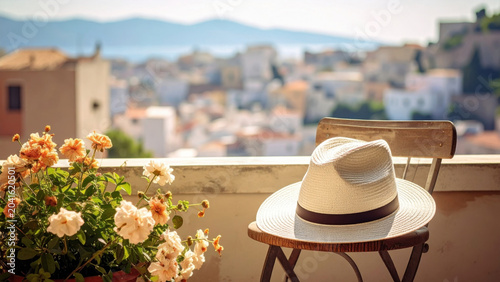 White hat rests balcony table, offering serene view of sun drenched cityscape. Vibrant flowers enhance peaceful atmosphere, perfect for summer