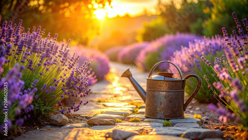 Vibrant purple lavender field path glows under warm golden light of tranquil sunset, rustic watering can rests peacefully on stone ground
