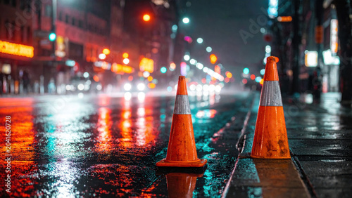 Vibrant orange traffic cones on wet city street at night, reflecting bright urban lights. mysterious, calm urban scene