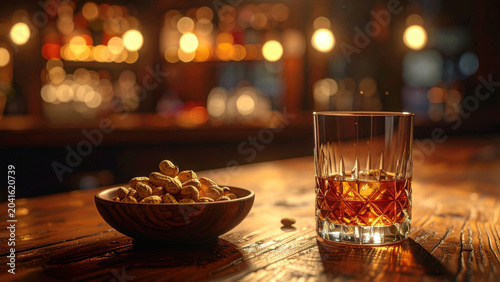 Relaxing evening scene at cozy bar. Glass of amber whiskey and crunchy nuts on rustic wooden counter. Inviting atmosphere