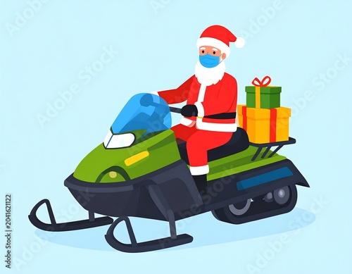 Masked Santa Claus Riding Green Snowmobile with Gift Boxes on Blue Background