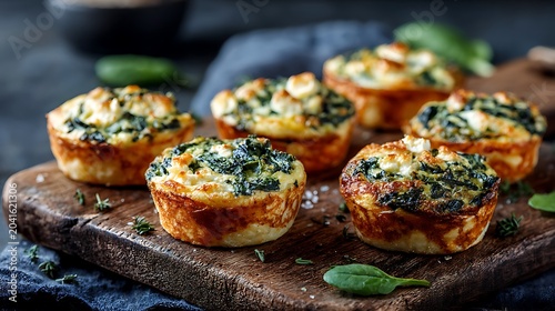 Mini Baked Egg Muffins with Greens and Cheese on Wooden Board