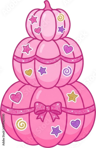 Pink pumpkin tiered cake decorated with hearts and stars. joyful celebration icon for parties or cute festive events. Whimsical design