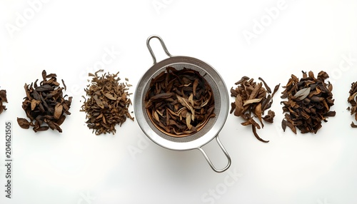 A tea strainer filled with loose-leaf tea surrounded by piles of various tea leaves on a white background