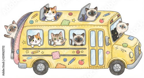 Happy, playful cartoon cats and adorable kittens enjoy joyful school bus ride, traveling together whimsical illustration. colorful scene evokes