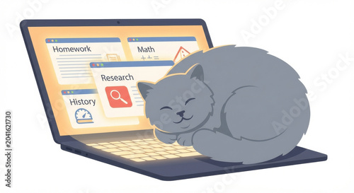 Gray cat sleeping peacefully on laptop keyboard. cozy pet enjoys comfortable rest, interrupting online study and work. serene moment