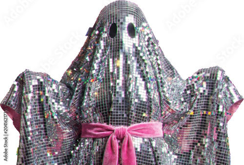 Spooky ghost costume shines bright, perfect for Halloween fun. Adorned with disco sequins, shimmer and reflective silver, it exudes glamour