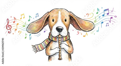 Happy, playful dog, cute beagle puppy, plays recorder instrument, creating colorful melody notes that fill air with joy
