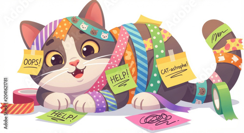 Playful and happy cartoon cat is covered in colorful washi tape and sticky notes, displaying cheerful and mischievous expression