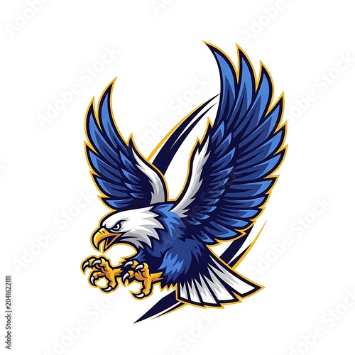 Bold Blue Eagle Mascot Swooping with Talons on White Background