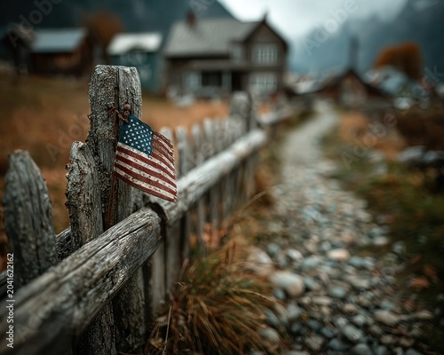 Small USA flag on picket fence along rustic wooden wall in rural setting